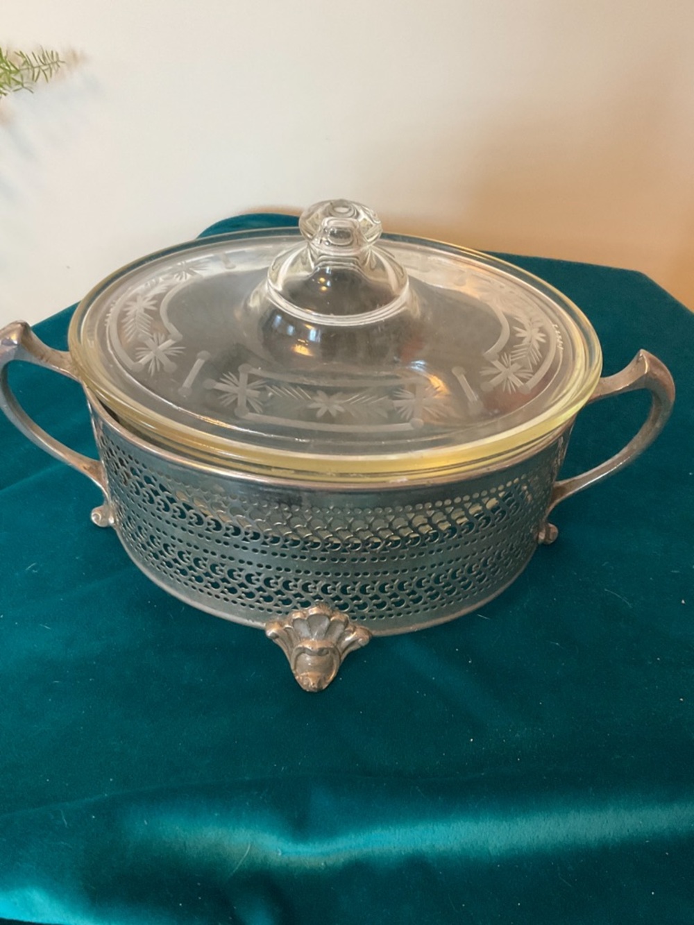 Rare find Antique J Mara silver metal stand with Pyrex etched bowl
